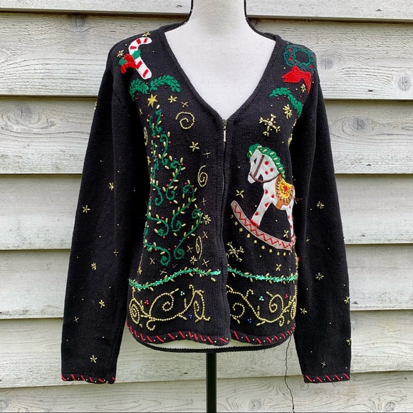 Vintage Black Beaded Felt Appliqué Crochet V-Neck Zip Front Long Sleeve Sweater - Picture 1 of 16